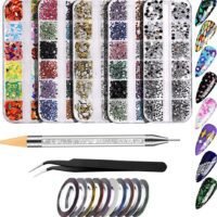 ORiTi 5 Boxes of Flatback Round Rhinestones for Manicure Pack #1, Nail Art Crystal Diamond Bead Jewelry Kit for Women Girls