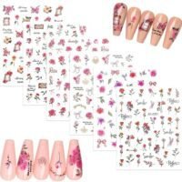 Unique 6 Pack Rose Nail Art Stickers, 3D Pink Red Rose Nail Appliqués, Charm Rose Fingernail Stickers Watercolor Red Floral Nail 3D Self-Adhesive Design Nail Decoration for Women