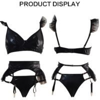 Split Lingerie Set with Fishnet Stockings for Women 3 Pieces Push up Bra Thongs Floral Lace Scallop Trim Garter Underwear Suit Ladies Skin-Friendly and Elastic Slim Fit Costume