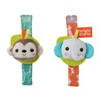 Bright Starts Rattle & Teethe Wrist PalsToy, Wearable Wrist Rattle Toys with Elephant and Monkey Characters, BPA-Free Teether for Newborns +