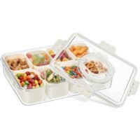 Garlo Divided Serving Tray with Lid and Handle - Snackle Box Charcuterie Container for Portable Snack Platters - Clear Organizer for Candy, Fruits, Nuts, Snacks - Perfect for Party, Entertaining