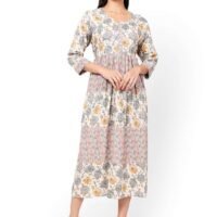 HANA & SARA MULTICOLOUR FLORAL AND SMALL STRIP PRINTED WITH STYLED BUTTONED ON FRONT ARABIC KAFTAN JALABIYA DRESS