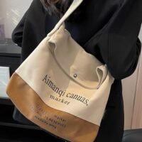 Large Capacity Canvas Tote Bag Women'S Daily Commuting Contrast Color English Print Flip Flap Adjustable Shoulder Strap Shoulder Bag