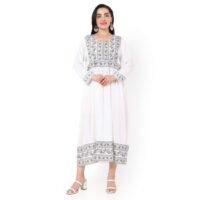 HANA & SARA SHORT WHITE COLOUR HIGH QUALITY FLORAL PRINTED WITH FRONT BUTTONED STYLED ARABIC KAFTAN JALABIYA DRESS