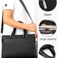 Mens PU Business Leather Briefcase 14-Inch Laptop Bag Large Slim Messenger Bag with Soft Top Handle Handbag and Long Straps for Business Travel Office Work