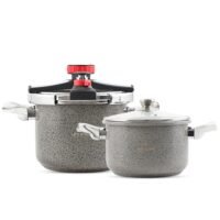 LIFE SMILE Pressure Cooker Set 7Liter + 5Liter Indcution Granite Coated Easy Open 18/10 Stainless Steel with Glass Lid and Extra Silicone - Suitable for all kinds of Stoves (Grey)