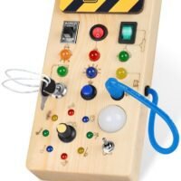 ESSEN Baby Busy Board Montessori Wooden Busy Board for Toddlers with 8 LED Light Switches Sensory Toys with Lights Baby Travel Toys Gift for 1 + Year Old Baby Toddler Educational Learning Activities