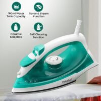 Powerful Steam Iron With Ceramic Sole Plate, Dry Ironing, Adjustable Thermostat, 160ml Water Tank, 360° Swivel Cord, Overheat Protection, Spray & Steam Functions, Self-Cleaning 160 ml 1400 W NSI23 Green/White