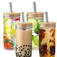 MIXDE 4-Piece Glass Cup Set,24 oz Coffee Mug With Lid And Golden Straw,Iced Coffee Glasses,Cute Tumbler Cup,Ideal For Coffee,Cola,juice,Gift