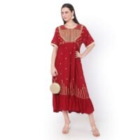 HANA & SARA RED SHORT EMBROIDERED VISCOSE ARABIC JALABIYA KAFTAN DRESS