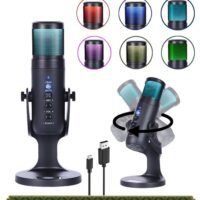 REOCLE USB Condenser Microphone Compatible with Desktop/PC/MAC/Ps4 RGB Lighting Computer Mic with Noise Cancelling & Reverb Studio Podcast Mic for Voice Music Recording Podcasting Stream Game & Vocal