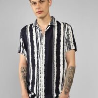 Relaxed Fit Navy Popcorn Shirt Cuban Collar