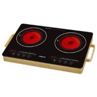 Double Infrared Cooktop, 2 Burner Electric Stove with 4-Digit LED Display, Touch Sensor Control, 5 Cooking Modes, 8 Power Levels, 4-Hour Timer, Micro Crystal Plate, Overheat Protection, Universal Pot Compatibility, 2800W, 220-240V Input IR 2704 Black/Red/Gold