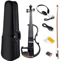Mike Music Electric Violin Full Size 4/4, Silent Electric Violin Set, Solid Wood Metallic Electric Fiddle with Ebony Fittings, Black Violin Beginner Kit for Adults Teens