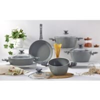 Homemaker 9-Piece Farah Cookware Set - Tempered Glass Lids - 3 Deep Pots - 1 Low Pot - 1 Frypan - Non-Stick Ceramic Surface - PFOA Free - Grey