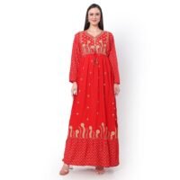 HANA & SARA EMBROIDERED WITH PRINTED SOLID RED COLOUR ARABIC JALABIYA DRESS