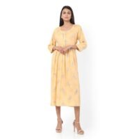 HANA & SARA SHORT YELLOW COLOUR STYLISH HIGH QUALITY PRINTED WITH FRONT BUTTONED STYLED ARABIC KAFTAN JALABIYA DRESS