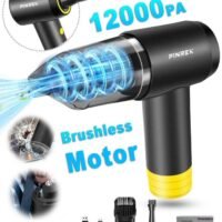 PINREK Car Vacuum Cleaner Cordless and Air Duster ,Air Blow Powerful brushless motor 12000PA Handheld Vacuum With 4000 mAh battery and safety hammer,  Portable Multi-Nozzles for Car, Keyboard, Home, Office, Kitchen