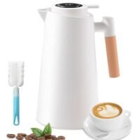 Thermal Coffee Carafes with Smart Temperature Display,1L Large Capacity Insulated Thermos,24 Hours Heat Retention,Double Wall Vacuum Coffee Thermos with Solid Wood Handle and Clean Brush(White)