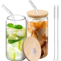 TYCOM Tycom Drinking Glasses with Bamboo Lids and Glass Straw, 500ml Beer Can Shaped Glass Cups, Tumbler Cup Ideal For Beer, Tea, Soda, Iced Coffee (2pc, 500ml)