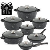 Cookware Set 29 pieces - LIFE SMILE Pots and Pans set Granite Non Stick Coating 100% PFOA FREE, Induction Base Cooking Set include Casseroles & Shallow Pot & Fry Pans & Silicone Utensils