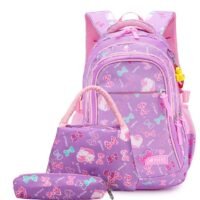 SänHahn Set Of 3 Cat Printed Nylon Backpack Large Capacity Schoolbag and Shoulder Bag and Pencil Case for Kids/Girls Purple