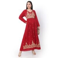 HANA & SARA LONG EMBROIDERED VISCOSE SOLID RED COLOUR ARABIC JALABIYA DRESS