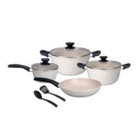 NonStick 9 Pcs Cookware Set BL090 Fry Pan Saucepan with Glass Lid 2 Cooking Pot with Glass Lid 2 Plastic Spoon Set
