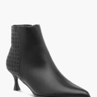 Women Monogram Embossed Ankle Boots with Kitten Heels and Zip Closure