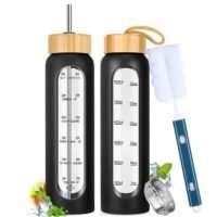 UNUNS 1L Motivational Glass Water Bottle with Time Marker & Silicone Sleeve &  Straw & Bamboo Lids & Fruit Infuser , Leak Proof Reusable BPA Free Motivational Drinking Jug Water Jug