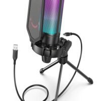 FIFINE Gaming USB Microphone For PC PS5, Condenser Mic With Quick Mute, RGB Indicator, Tripod Stand, Pop Filter, Shock Mount, Gain Control For Streaming Discord Twitch Podcasts Videos-AmpliGame A6V Black