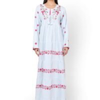 HANA & SARA FLORAL PRINTED NECK EMBROIDERED VISCOSE LONG ARABIC KAFTAN JALABIYA DRESS