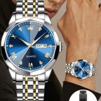 roaiss Men's Stainless Steel Strap Quartz Watch Analog Display Round Blue Dial with Rhombic Coated Glass Mirror Waterproof Luminous Wristwatch as Gift for Men