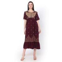 HANA & SARA MAROON SHORT EMBROIDERED VISCOSE ARABIC JALABIYA KAFTAN DRESS