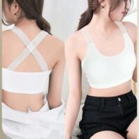 Women Sports Bra Padded Criss-Cross Back Bra Wrapped Chest Seamless Athletic Strappy Bra with Removable Cups White