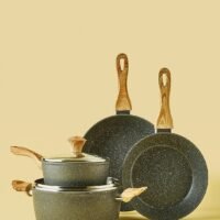 Noon East 6-Piece 6 Piece Cookware Set - Aluminium Pots And Pans - Non-Stick Surface - Wood Finish Handles - Tempered Glass Lids - PFOA Free - Frying Pan, Casserole With Lid, Saucepan With Lid - Grey Grey