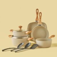 Noon East 10-Piece Aluminium Pots And Pans Non-Stick Surface Wood Finish Handles Tempered Glass Lids PFOA Free Frying Pan, Casserole With Lid, Saucepan, Grill Pan, Kitchen Tools Beige