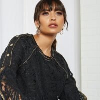 ANOTAH Lace Pattern Bell Sleeve Blouse Black