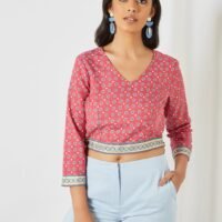 globaldesi Floral Print Crop Top Hot Pink