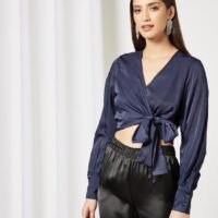 NOISY MAY Satin Wrap Blouse Navy