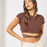 Fashion Union Tie-Up Detailed Crop Top Brown