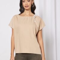 Aila Women's Solid Design Casual Short Sleeve Top Beige