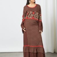 HANA & SARA Classic All-Over Printed Round Neck Bell Sleeve Jalabiya With Facemask Brown/Red/Beige