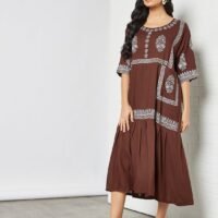 HANA & SARA Elegant Pocket Detail Printed Jalabiya Brown/White