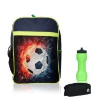 LIONBONE Football Printed Polyester Kids Backpack with zip closure Ideal for 4-6 years age group, Plastic Sipper And Polyester Pouch Navy Blue/Black/Green