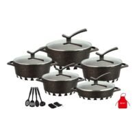 DESSINI 17-Pieces Granite Cookware Set Includes Casserole With Lid 24cm, Casserole With Lid 28cm, Casserole With Lid 32cm, Casserole With Lid 28cm, Shallow Casserole 7xCooking Tools Black/Clear 32cm