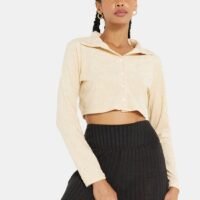 STYLISTPARK Terry Collared Crop Shirt Beige