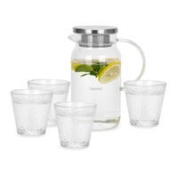Picther Jug  and Glass Cup Set Borosilicate Glass Heat Resistant with Arc Shape Handle, Leakproof Lid And Stainless Steel Housing 1400ml + 4x290ml