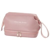 Generic Large Capacity Travel Toiletry Cosmetic Bag Multifunctional Storage Makeup Bag for Women Portable Waterproof PU Leather Skincare Bag with Handle and Divider