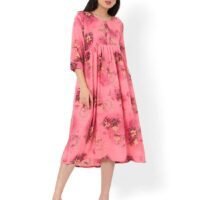 HANA & SARA SHORT PINK COLOUR HIGH QUALITY FLORAL PRINTED WITH FRONT BUTTONED STYLED ARABIC KAFTAN JALABIYA DRESS